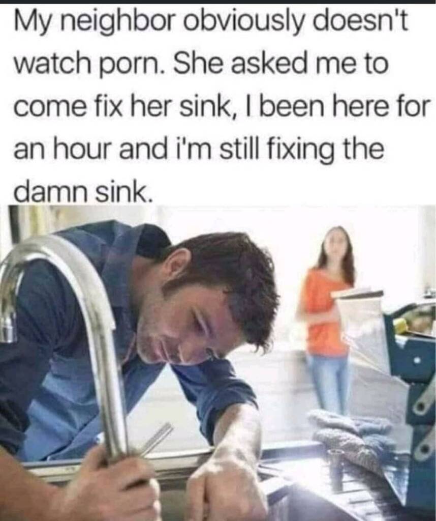 My neighbor obviously doesn't
watch porn. She asked me to
come fix her sink, I been here for
an hour and i'm still fixing the
damn sink.